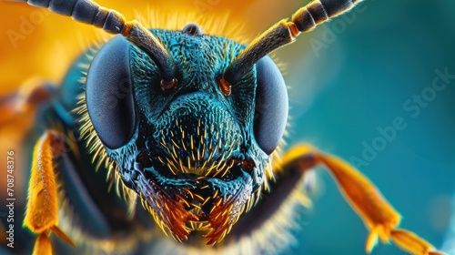  a close - up of a bug's head with long, black horns and a blue body of water in the middle of the body of it's eyes. photo