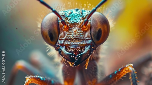  a close up of a bug's face with a lot of light coming out of it's eyes and a bug's head sticking out of it's mouth.