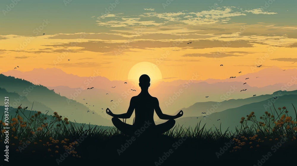  a person sitting in a yoga position in the middle of a field with a sunset in the back ground and birds flying in the sky over the mountains in the distance.