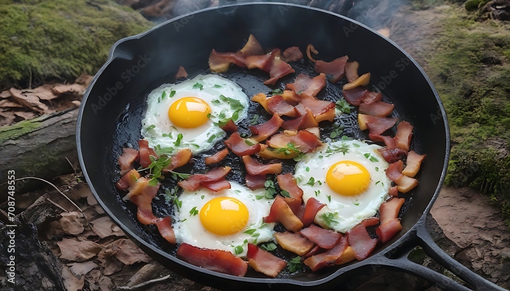 Camping breakfast with bacon and eggs in a cast iron skillet. Fried eggs with bacon in a pan in the forest. Food at the camp. Scrambled eggs with bacon on fire. Camping breakfast with bacon and eggs in a cast iron skillet. Fried eggs with bacon in a pan in the forest. Food at the camp. Scrambled eggs with bacon on fire.