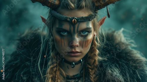 Elf shaman woman. fantasy background and fantasy ambient. mix of elf and viking breed animal clothes and horns in head, face shot photo
