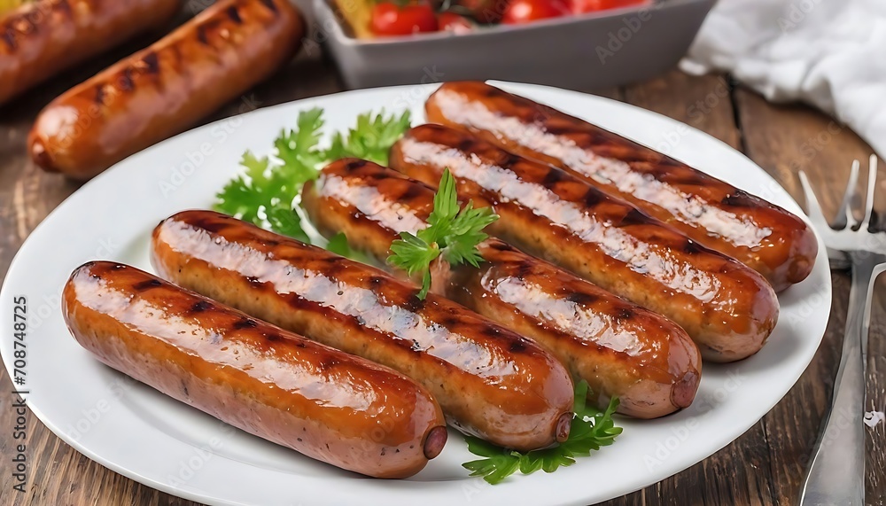 Grilled sausages on white plate