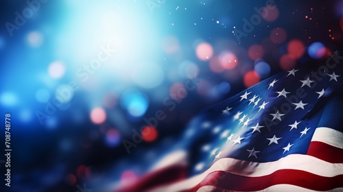 United States Flag Border Over Blue and Black Bokeh Lights Background With Copy Space For American Holidays