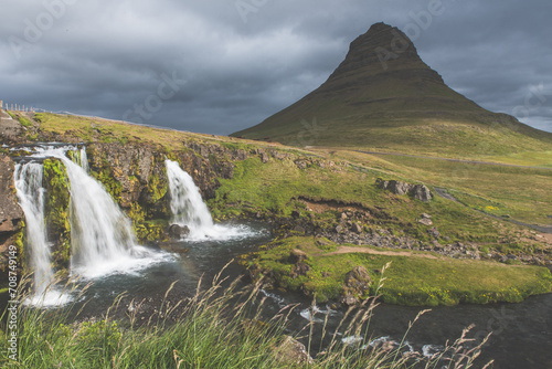 Triple Tier Waterfall And Mountain