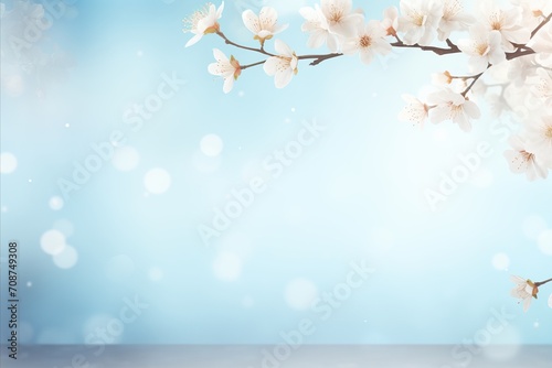 White cherry blossom on isolated magical bokeh background with copy space for text placement