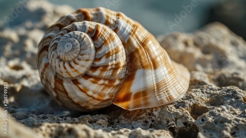  a close up of a sea shell on a rocky surface with a body of water in the distance in the distance in the background is a rocky outcropped outcropping. © Anna