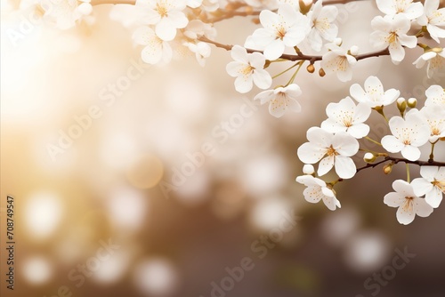 Graceful white cherry blossom on enchanting magical bokeh background with ample text placement space