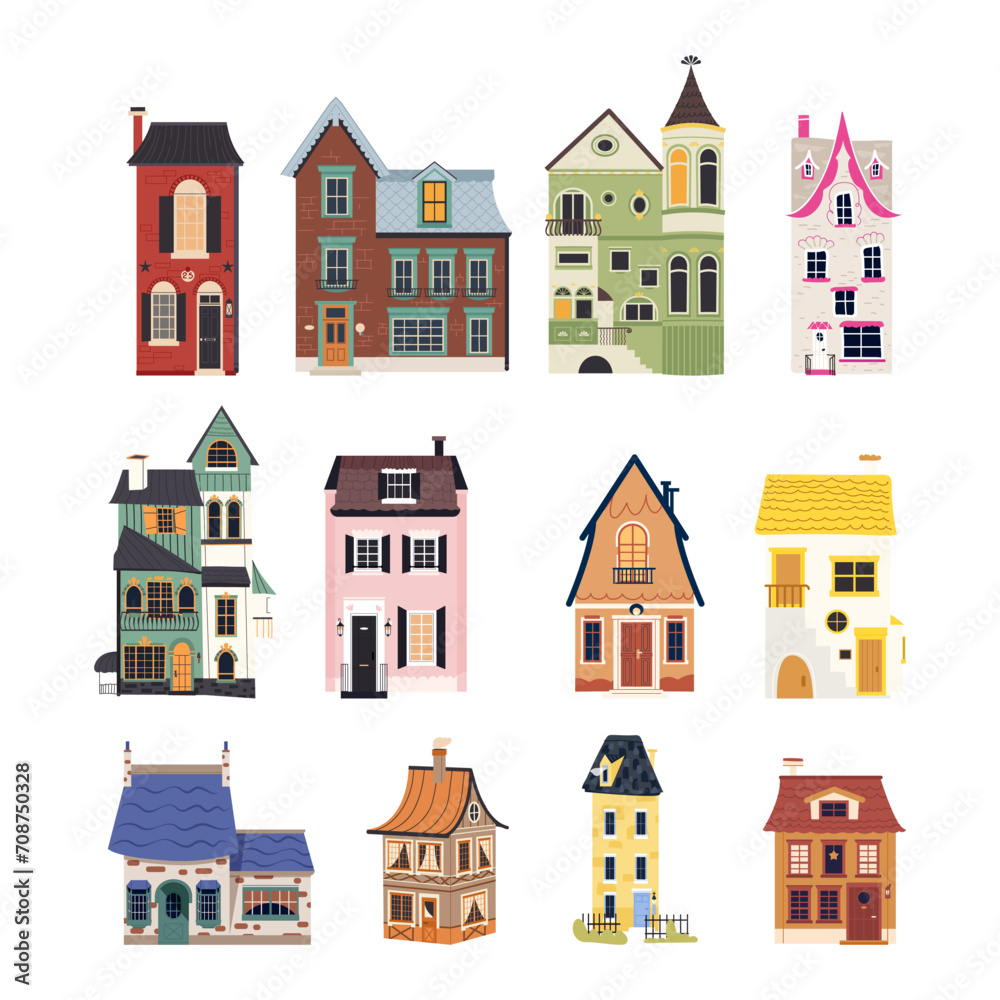 Cute town house apartment vector set. City Mansion architecture building illustration isolated on white background