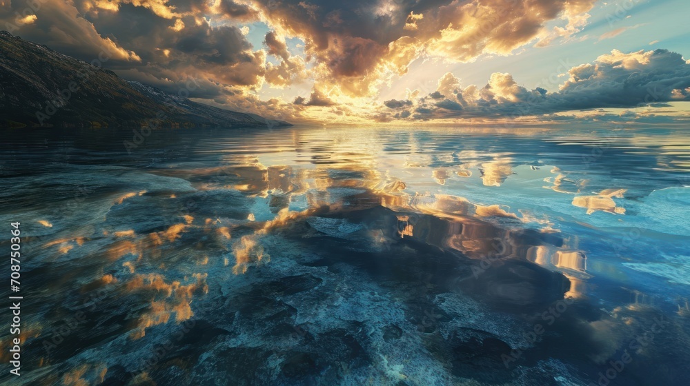  a large body of water with a sky filled with clouds and sun reflecting off of the water's surface and reflecting off of the water'surface's surface.