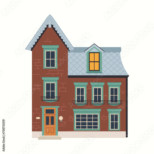 Living red brick house vector. Cottage house façade Town cottage residential building modern flat illustration isolated on white background