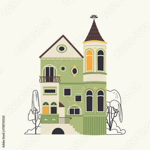 Old green Victorian house vector isolated on white background. Retro style building facade. Suburban residential real estate flat illustration