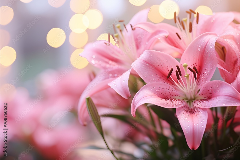Pink lily blossom on isolated bokeh background with two thirds text space for convenient placement