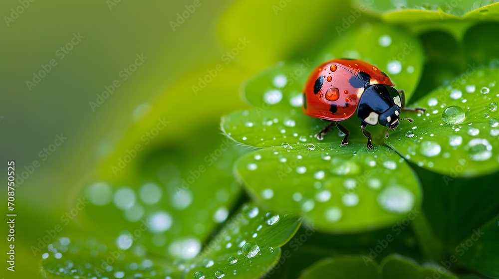Fototapeta premium A ladybug crawls on a clover leaf, Macro shot, water drops