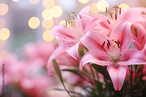 Pink lily blossom on isolated bokeh background with two thirds text space for convenient placement