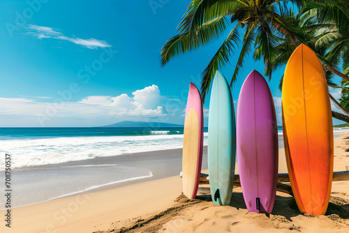 Vibrantly colored surfboards standing in the tropical beach sand with the ocean in the background.