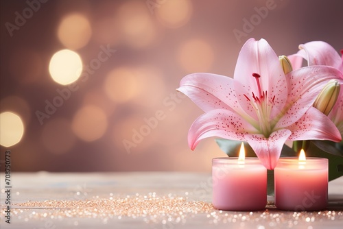 Vibrant pink lily with mesmerizing bokeh background and ample text space on the left.