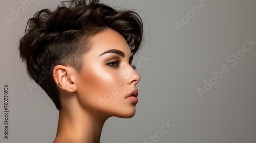 A beautiful female model with soft skin in a studio, Undercut Haircut Style, showing off her skin