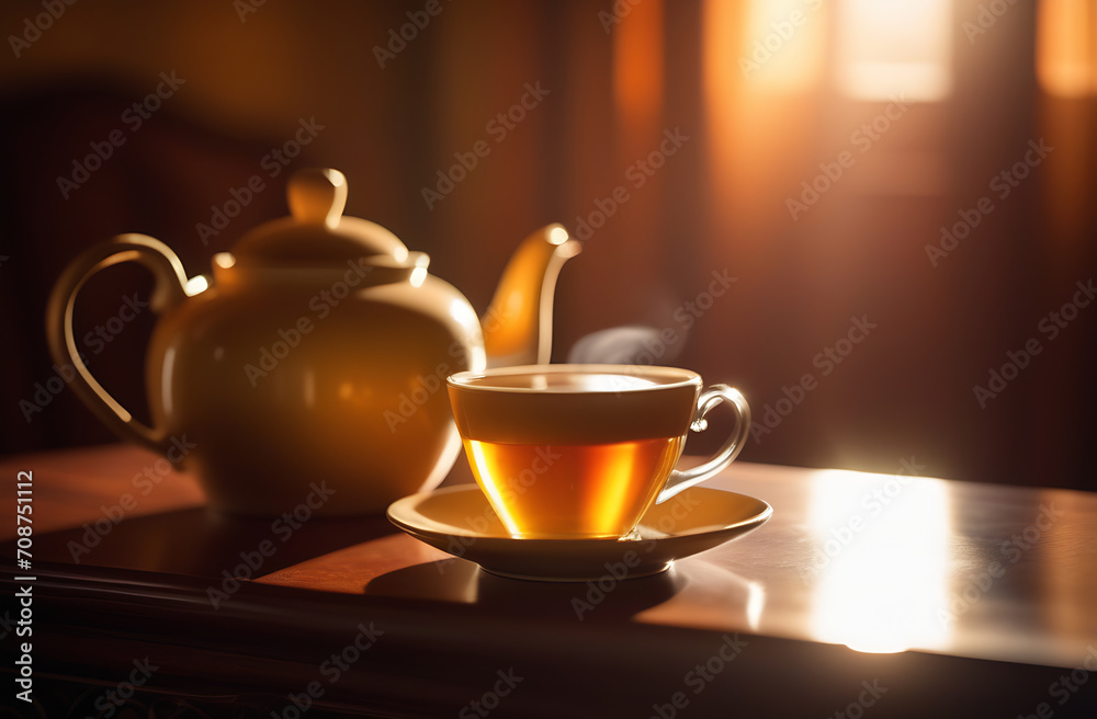 A transparent cup of hot tea and a white teapot against the background of sunlight falling from the window of the house A transparent cup of hot tea and a white teapot against the background of sunlight falling from the window of the house