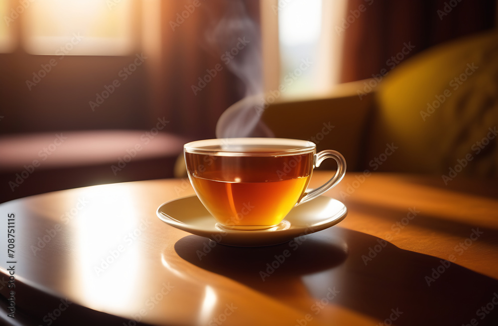 Obraz premium A transparent cup of hot tea against the background of sunlight falling from the window of the house
