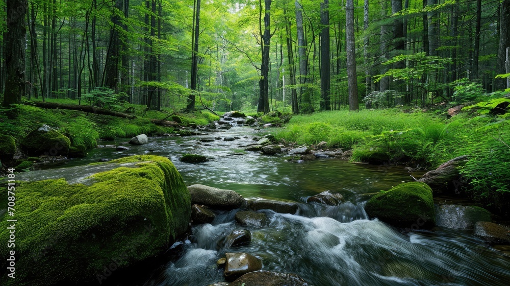 Tranquil forest and stream scenery with mosscovered rocks Tranquil forest and stream scenery with mosscovered rocks