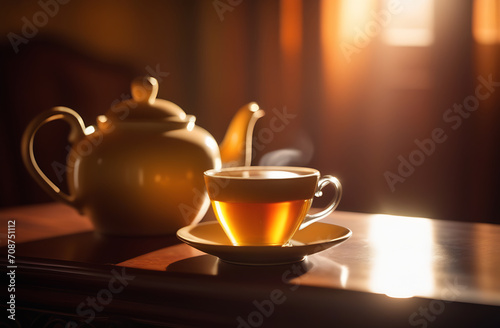 A transparent cup of hot tea and a white teapot against the background of sunlight falling from the window of the house