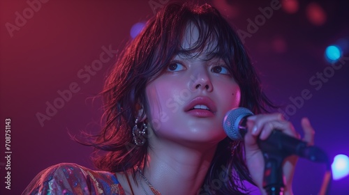 A female Japanese superstar singer on stage, holding a microphone and singing with great enthusiasm, facing perfectly straight ahead to the image. a radiant smile with attractive facial expressions photo