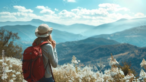 Young woman traveler taking a beautiful landscape at the mountains, Travel lifestyle concept