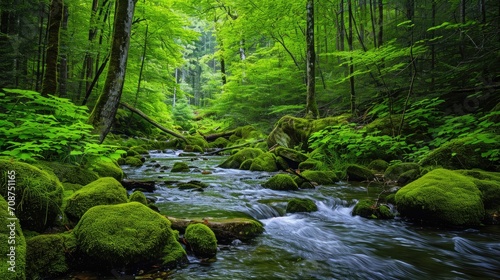 Tranquil forest and stream scenery with mosscovered rocks
