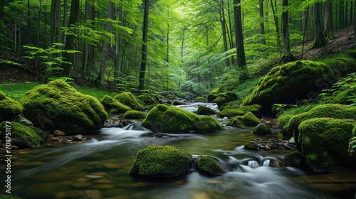 Tranquil forest and stream scenery with mosscovered rocks