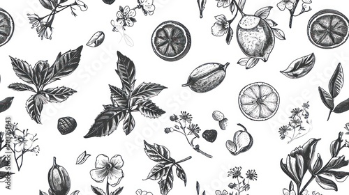  a black and white drawing of a bunch of fruit and flowers on a white background with leaves, flowers, berries, and a bird on a branch of a branch.