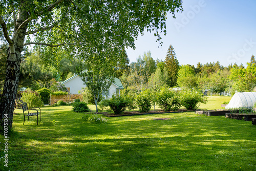 Beautiful green garden full of trees, decorative plants and blossoming flowers with big white house in a background.