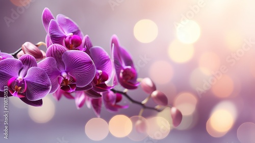 Purple orchid on isolated magical bokeh background with copy space for text placement