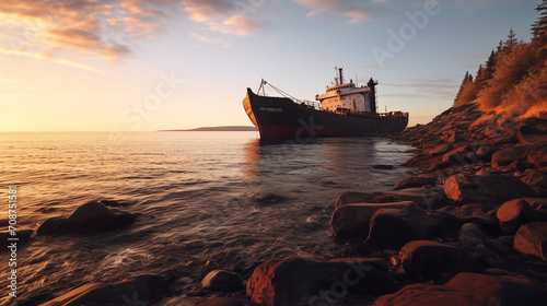 Rusty shipwreck along coast