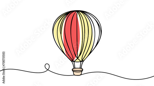 Hot air balloon in One continuous line drawing. Travel flying on aerostat in sky logo.