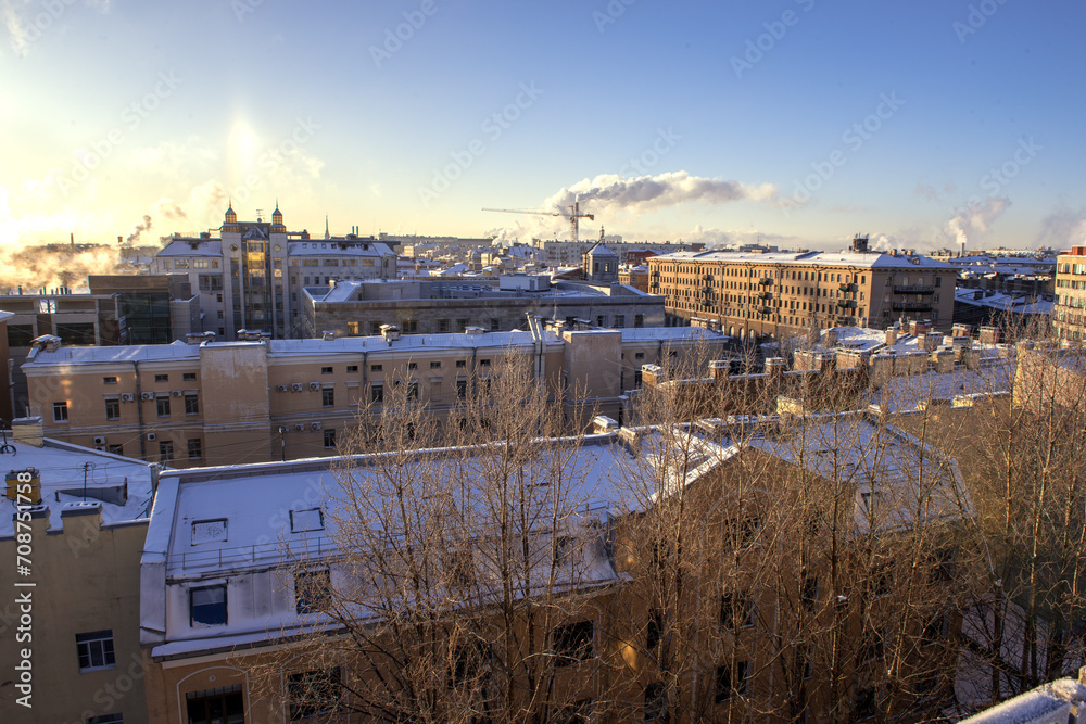 View from the roof of a building on old storied buildings of Saint-Petersburg, Russia