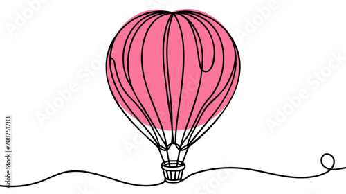 Hot air balloon in One continuous line drawing. Travel flying on aerostat in sky logo.