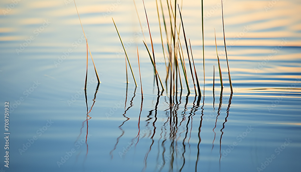 Tranquil scene of blue water reflects vibrant sunset generated by AI