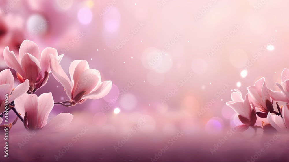 Obraz premium Vibrant pink magnolia blossom on captivating bokeh background with generous space for text placement