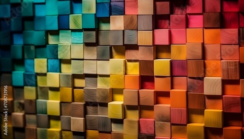 Mosaic of colored wooden blocks. beautifully arranged colors