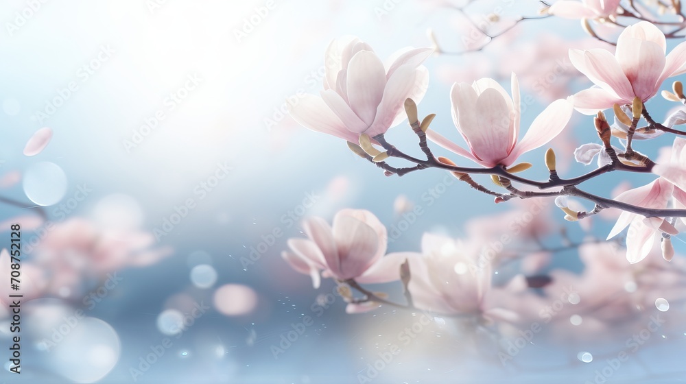Pink magnolia blossom on isolated magical bokeh background with copy space for text placement