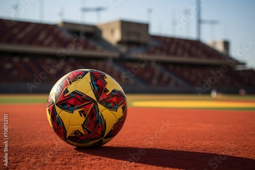 Fifa football patterned with african Ankara, placed on a football field in a stadium, African fifa Football, Generative Ai photo