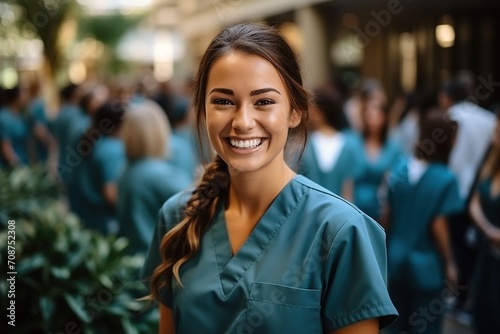 Happy young female nurse in blue uniform standing in hospital hallway photo