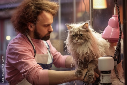  Step into a pet shop and witness a professional groomer using electric clippers to give a cat a stylish haircut photo