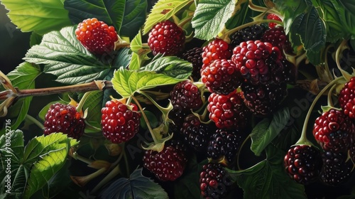  a close up of a bunch of berries on a branch with green leaves and a red berry on the other side of the branch, on a dark green leafy branch.