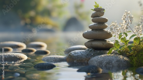  a pile of rocks sitting on top of a body of water next to a lush green leafy plant on top of a pile of rocks next to a body of water.