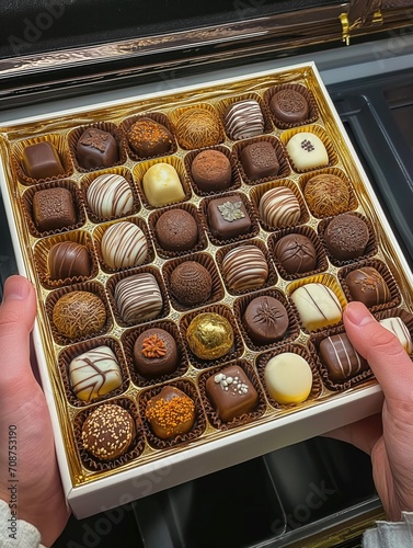 Human hands holding a box of sophisticated assorted chocolates © Adriana