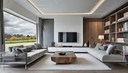 modern living room in white grey and wood