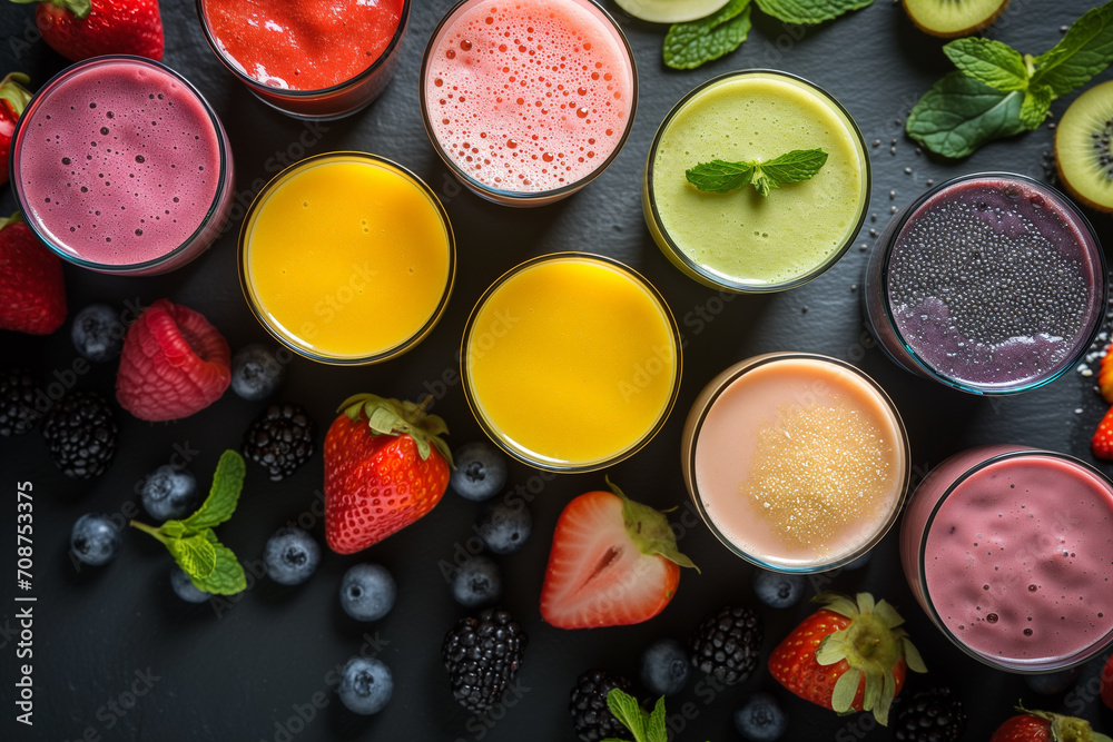 glasses of various smoothies with straws for healthy dieting breakfast. Vibrant smoothie bowls adorned with assorted toppings. Assorted fruits prepared for smoothie, healthy for our organism, full of 