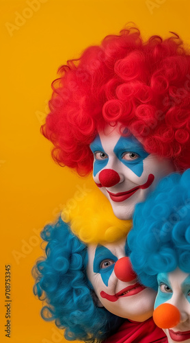 studio photography of three colorful happy clowns  many colors  fun  vivid colors  red  yellow  blue  orange  white