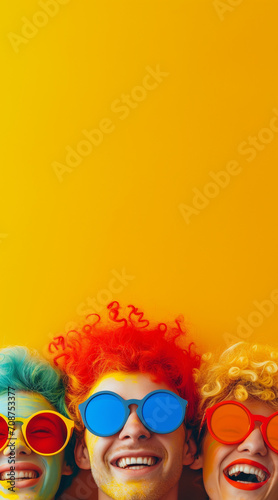 studio photography of three colorful happy clowns, many colors, fun, vivid colors, red, yellow, blue, orange, white